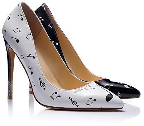 Reindee Lusion Damen High Stiletto Musiknote gedruckt Geschlossene Zehe Sexy Nieten Pumps Schuhe, Schwarz Weiß Hinweis, 39 EU