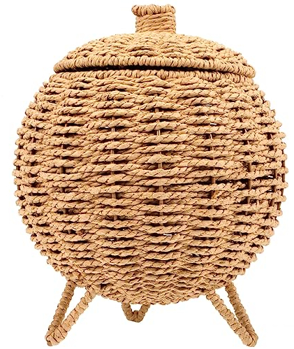 Zerodeko Rattan Egg Basket - Woven Pumpkin Shaped Wicker Basket with Lid - Fruit, Vegetable & Snack Holder - Vintage Sundries Organizer for Home & Kitchen