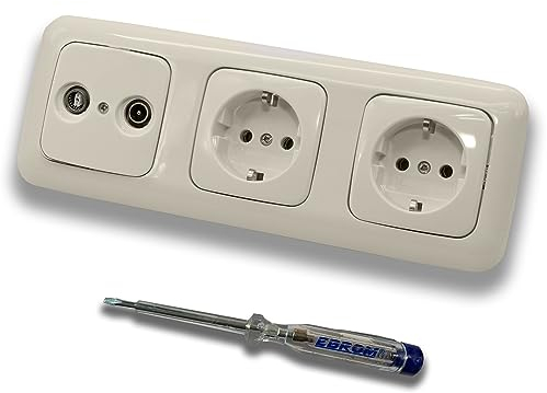 Busch Jäger SET: 2-Loch Durchgangsdose, Frequenz 5-2400 MHz, Radio/TV/SAT-Kompatibilität inkl. DURO2000 cremeweiß 3fach Rahmen + 2 x Steckdose 20 EUC-212 + EBROM Phasenprüfer zur Montage der Geräte