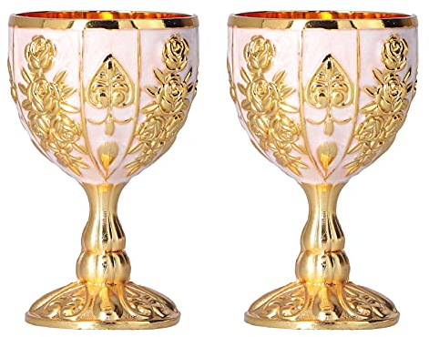 belupai 2Pcs Brass Vintage Goblet Chalice, Vintage Embossed Engraving Pattern Metal Embossed Wine Copper Gemstone Cups Medieval Gothic Goblet for Art Craft Decoration Home (Pumpkin Gold Hundred)