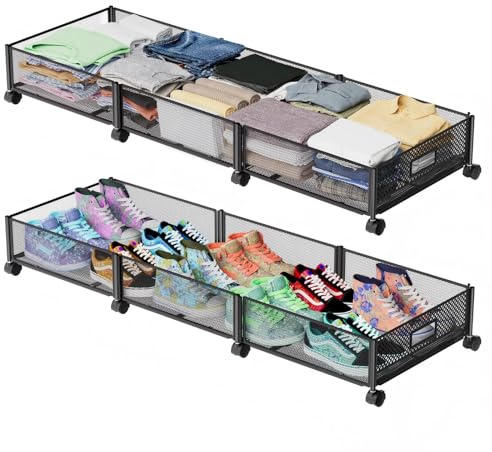 Nonkky Under Bed Storage with Wheels 47.2(L)/57.6L Large Rolling Under Bed Storage, Metal Underbed Containers on Wheels, Tool-Free Assembly Foldable Metal Underbed Drawers for Shoes Clothes Toys