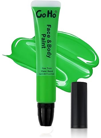Go Ho Amazon Green Face Paint Cream Washable(0.85oz),St Patricks Day Accessories,Water Based Body Paint Wand with Cushion Applicator for Halloween Cosplay Grinch Costume SFX Makeup