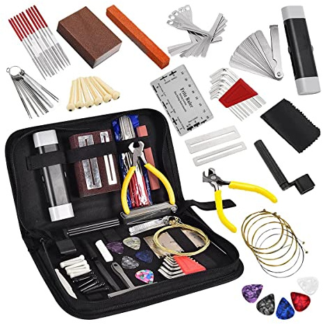 Comphic 500360746 Lot de 72 accessoires de rechange pour guitare - Outils de réparation et d'entretien - Règle d'action - Chevilles de chevalet de guitare - Avec sac de transport