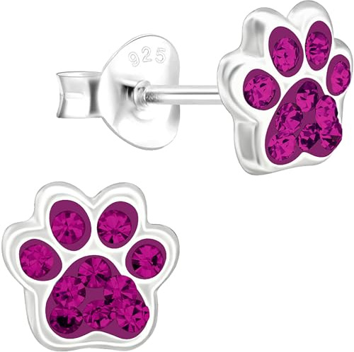 JAYARE Kinder-Ohrringe Silber 925 Mädchen Pfoten-Ohrstecker Hunde Katzen Glitzer-Kristalle