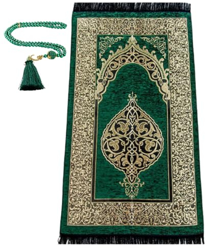Prien Gebetsteppich Muslim mit Tesbih | Seccade mit Gebetskette | Gebetsmatte Islam für Frauen | Islamische Teppich Geschenke Set für Männer | Prayer Mat Geschenk Gebet Ramadan Namazlik (Grün)