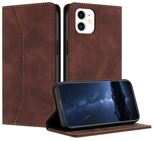 Mo-Beauty Hülle Kompatibel mit iPhone 12 Mini, Handyhülle iPhone 12 Mini, iPhone 12 Mini Hülle, PU Leder Flip Wallet Klappbare Schutzhülle Magnet Ledertasche Klapphülle Hülle (5,4 Zoll)(Braun)