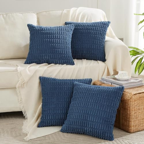 FDTERN 4er Set Boho Kissenbezug 45x45 cm Blau Einfarbig Flauschig Kissenbezüge Kordsamt Kissenhülle Dekokissenbezug Sofakissen Dekokissen Deko für Sofa Schlafzimmer Wohnzimmer Balkon