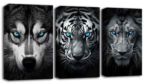 LZIMU Schwarz Weiß Tiere Wandbild 3er Set Wolf Tiger Löwe mit blauen Augen Leinwand Kunstdrucke Wildtierbild Wanddekoration für Büro (A, 50.00 x 70.00 cms x 3PCS)
