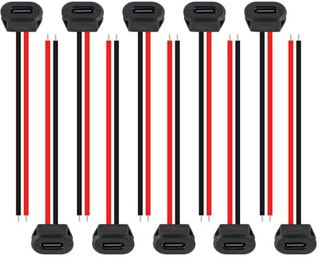 HUAZIZ 10 Piezas Enchufe Tipo C de Carga Rápida 3A, Micro USB Tipo C Hembra Resistente al Agua con Cable, USB Tipo C Conector de Montaje en Panel USB C Hembra de 2 Hilos 10CM