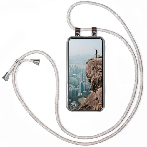 moex Handykette für Samsung Galaxy S24 Hülle mit Band abnehmbar, Handyhülle mit Kette zum Umhängen, Handyband 155 cm lang Stoff Kordel Umhängehülle, Handy Umhängeband, Silber