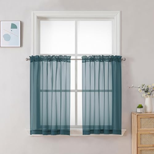 Chyhomenyc Stone Blue Sheer Curtains 30 inch Length 2 Panels, Light Filtering Voile Rod Pocket Short Window Curtians for Bathroom Living Room Farmhouse Small Windows, 42Wx30L inches