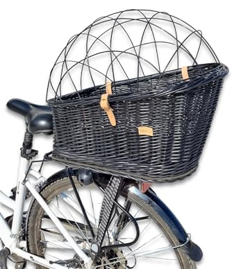 Wiklibox Natural Wicker Dog Bike Basket - 100% Organic Rattan Pet Carrier with Protective Grille - Eco Friendly Design - Soft Cotton Cushion & Mounting Bracket for Secure Bicycle Rear Luggage Rack