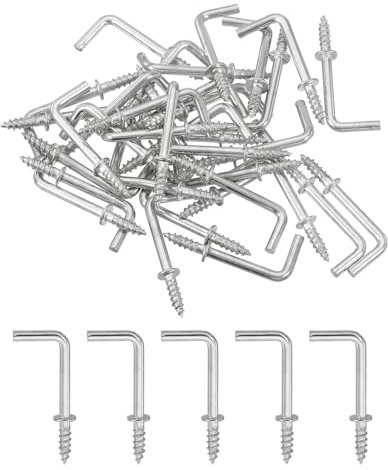 QUARKZMAN Rechtwinklige Haken, 50 Stück 7/8 L-förmige Schraubhaken, Schraubhaken in 7-Form, silberfarben
