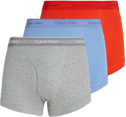 Calvin Klein Men’s 3 Pack Trunks with Logo Waistband, Multicolor (Glacier, Grey Heather, Molten), S