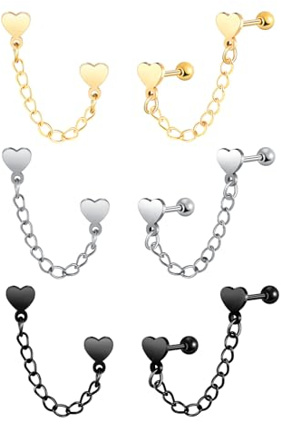 Yumilok 3 Paar Unisex Ohrringe Creolen Set Ketten Herz Piercing Ohrhänger Creolen Ohrstecker Ohrhänger Ohr-Piercing für Herren Damen Knorpel Helix Tragus