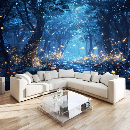Papier Peints Panoramique Papillon Bleu de La ForêT Poster Mural Intissé 3D, Bleu Muraux Pour Salon Chambre Chambre D'Enfant Décoration Murale 350x256cm
