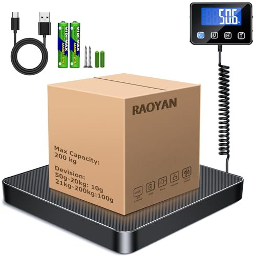 RAOYAN Paketwaage, 200kg/10g Hochpräzise Digitale Plattformwaage mit Halte/Tara Funktion, Postwaage mit Wandmontiertem LCD Display für Pakete/Gepäck/Lager, Batterien und Ladekabel im Lieferumfang