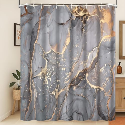 Xiaoterna Rideau de douche en marbre moderne abstrait gris doré pour salle de bain, tissu imperméable lavable en machine, 120 x 200 cm