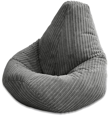Beautiful Beanbags - XL Jumbo Cord Highback Bean Bag Chair - Grey | Huge, Mega Ready-Filled Gamer Chair for Adults