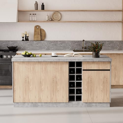 Homary Küchenschrank Mit Arbeitsplatte, Kücheninsel 183 cm Holz Grau Japandi Stil Kücheninsel Mit LED Beleuchtung, Freistehender Küchenschrank Mit Schubladen, Türen Und Regalen Für Moderne Küchen