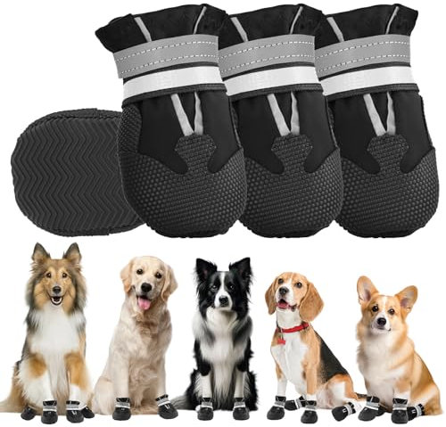 QKURT 4 Stück Hundeschuhe, Hundestiefel Pfotenschutz, wasserdichte Hundeschuhe mit Reflektierenden Riemen, Verstellbare, Waschbare, Pfotenschützer für Kleine, Mittlere und Große Hundee