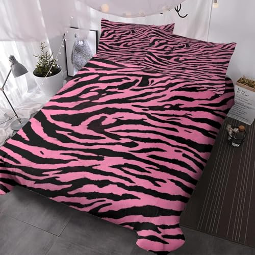 PDSYCB Bettwäsche Zebra Streifen Weicher Microfaserstoff, Bettwäsche Set Rosa Leoparden Allegigeignet kein Verblassen, Bettbezug für Doppelbetten Für Kinder Jungen Mädche 135x200cm
