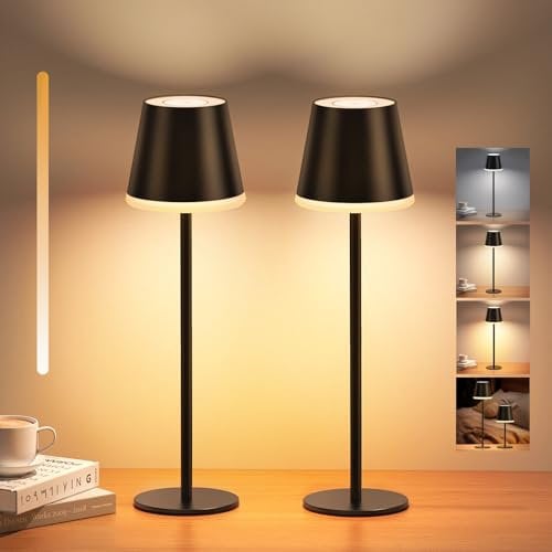 NIBSHOOM Tischlampe Kabellos Dimmbar,5200mAh LED Akku Tischleuchte Höhenverstellbar mit 3 Farbtemperaturen,IP54 spritzwassergeschützte Tischlampe für Restaurant,Bar,Schlafzimmer,Camping (2 Stück)