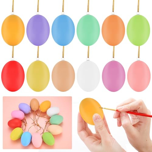 24 Stück Plastikeier Bunte Ostereier zum Aufhängen Draußen, Plastik Ostereier zum Bemalen, 6 x 4cm Kunststoff Basteln Dekoeier Osterdeko mit Seil für Outdoor Indoor Baum Partydeko