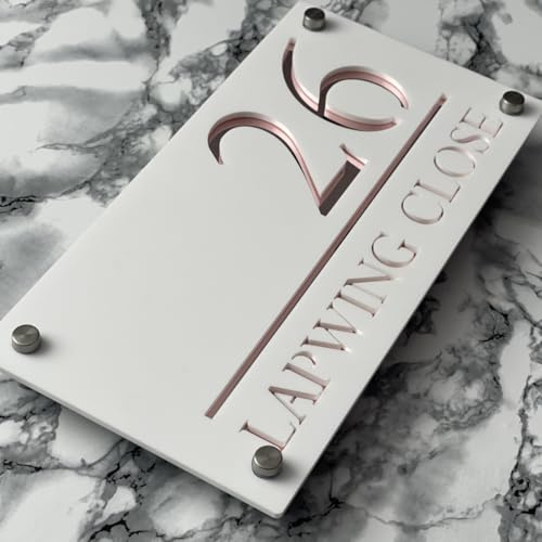 House Numbers Plaques Door Signs For Outside Personalised Door Numbers Custom Name Sign Home 3D Door Street Address Plate (White and Rose Gold Text)