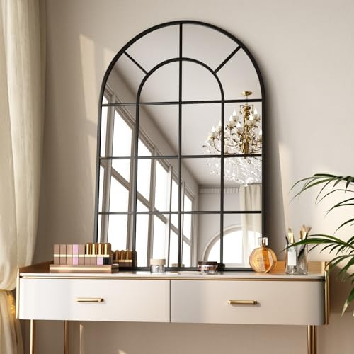 Koonmi Bogen Wandspiegel mit Gitter 90 x 60 cm, Schwarz | Dekorativer Spiegel aus gehärtetem Glas für Schlafzimmer, Wohnzimmer und Eingangsbereich, markantes Gitterdesign
