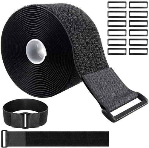 5 m x 5 cm Klettband mit 25 Schnallen, Caianwin Kabelbinder Wiederverschließbar Freies Zuschneiden Klettverschluss Band Schwarz Klettband Breit für Kabel, Schnüre und Outdoor-Sonnenschirme
