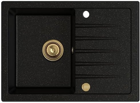 SINK QUALITY Granitspüle schwarz mit goldenen Flecken 68 x 49,5 cm - Spülbecken mit goldenen Siphon und Imprägniermittel - Küchenspüle mit Abtropffläche für 45er Unterschrank