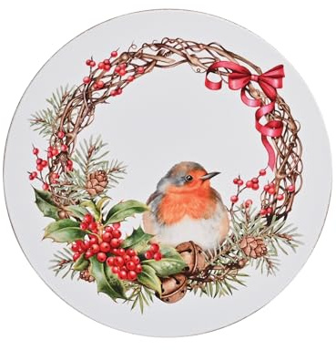 Widdop Set of 4 Christmas Robin Round Coasters – Festive Wooden Coaster Set with Red-Breasted Robin & Holly Design – Country Christmas Tableware | Festive Wooden Coaster Set – Country Christmas Tableware