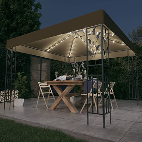 HETFTJN Taupe Pavillon 3x3 m mit 43 LEDs Solarmodul, pulverbeschichteter Stahlrahmen, Robustes Gewebe 180 g/m², Doppeldach zur Luftzirkulation für Garten, Camping, Grill & Event