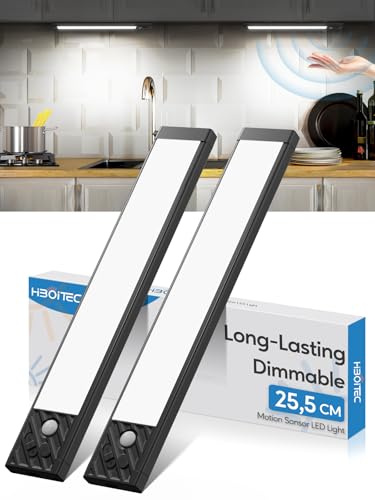 HIBOITEC Schrankbeleuchtung Led Lampe mit Bewegungsmelder, Dimmbar Unterschrank Beleuchtung Küche-25,5cm Aufladbar Unterbauleuchte Küche Akku für Kleiderschrank, Schrank, Weißes Licht