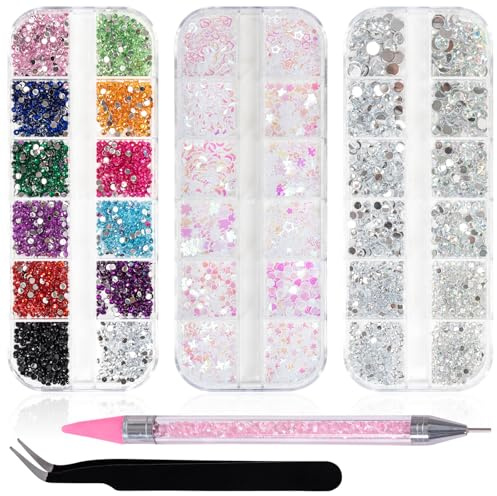 5200 Stück Strasssteine Nägel, Bunt Nagel Glitzer Steine, Pailletten, Kristallen Nagelaufkleber, Nagel-Edelsteinen, Rhinestones mit Pinzette und Stift, Diamanten für Bedazzling Nagelkunst Basteln DIY