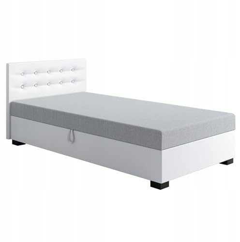 TAPCZANY24 - Boxspringbett Olaf 100x200 cm mit Schaumstoff Matratze | Bett mit Matratze, Polsterbett mit Bettkasten, Gepolstertes Einzel Bett, Schlafsofa - Grau mit Weiß