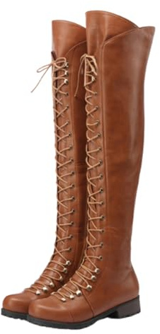 OTMYIGO Stivali Alti Fino al Ginocchio da Donna con Lacci, Stivali da Equitazione in Pelle PU con Stivale Lungo e Piatto,Marrone,44