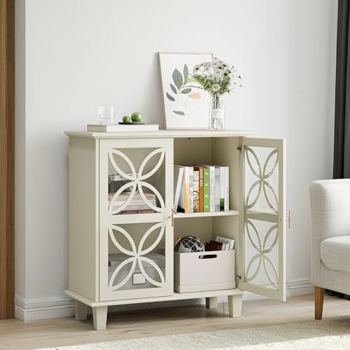 VSOGA Aparador con estantes ajustables, armario de baño independiente con puertas de cristal duro, mesa de cocina retro moderna, armario de almacenamiento decorativo con dos puertas, color crema