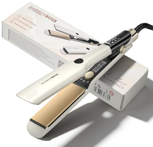 BarberBoss Hair Straighteners for Women, Wide Plate Ceramic Hair Straightener for Thick Hair, Negative Ion & Keratin Technology, 14 Heat Settings, Dual Voltage Flat Iron for Straightening, QR-8421
