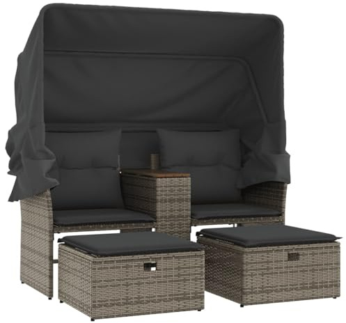 WGYHOME Gartensofa 2-Sitzer mit Dach und Hockern Grau Poly Rattan, Sitzgruppe Essgruppe Set Sofa-Garnitur Lounge, Gartenset Sofa-Set Garnitur Gartenmöbel Couch-Set mit Sofa und Sessel