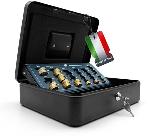 BigDean Geldkassette Made in Italy abschließbar mit Münzzählbrett 30x24x9cm | Handkasse Kasse für Bargeld Geldkassette Schwarz