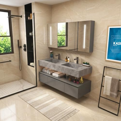 KASR Badmöbel Set VISIA 140 cm, Grau, mit LED Spiegelschrank, Doppelwaschtisch aus Echtstein, wandhängend