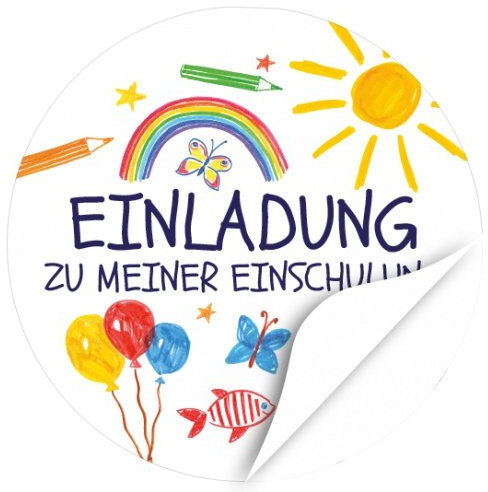 24 x Aufkleber zur Einschulung, rund 4cm - Motiv Bunte Symbole Einladung Einschulung - Schule/Schulkind/Eingeschult/Junge/Mädchen