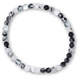 Taddart Minerals – Schwarz Weißes Armband aus dem natürlichen Edelstein Turmalinquarz mit 4 mm Kugeln auf elastischem Nylonfaden aufgezogen - handgefertigt