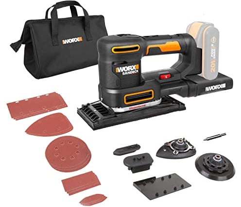 WORX 18V(20V MAX) Cordless Multi Sander, PowerShare, 5 in 1: Orbital, Finishing, Detail, Contour and Finger Sander, Variable Speed, 5X Sanding Pads, 15x Sanding Paper, Without Battery, WX820.9