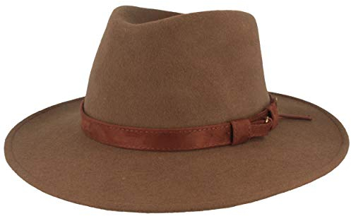 Breiter Cappello da Trekking Feltro 100% Lana, Pieghevole e Impermeabile, Fedora Finiture in Pelle, da Uomo e Donna, Beige – Frange, 58