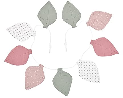 KraftKids Blätter Stoff-Wimpelkette Musselin rosa mint graue Punkte auf Weiß, handgemachte Wimpel-Girlande aus Baumwolle