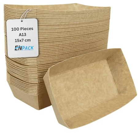 Enpack Snackschale A13-500 Stück Snackschalen aus Kraftpapier - Snack Box 15x7x3,5cm - Currywurst Schale 440 ml - Behälter für Tapas, Chips, Pommes etc. - optimal geeignet als Fingerfood Schalen