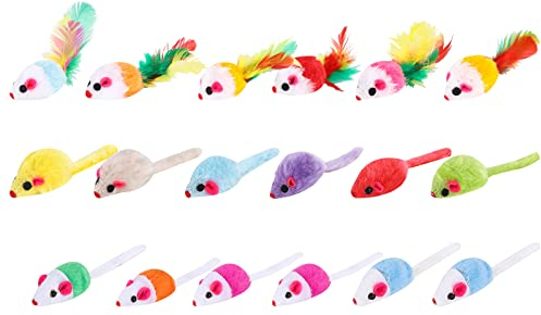18 Pcs Cat Mice Toys Wee Kitten Mice Rattle Small Mouse Catnip Toys with Feather Tail Furry Interactive Cat Toy Mixed Pack Kitten Plush Mouse Toy for Indoor Outdoor
